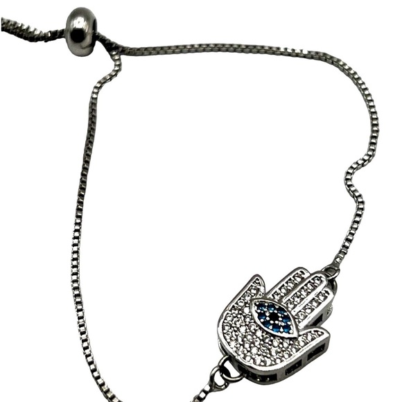 Silver Tone Hamsa Rhinestone Bracelet With Adjustable Chain.  A70 - Picture 6 of 6